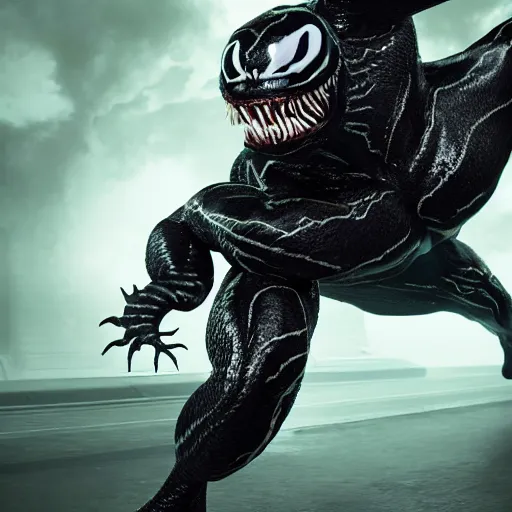 Image similar to full body pose, hyperrealistic photograph of venom, dim volumetric lighting, 8 k, octane beautifully detailed render, extremely hyper detailed, intricate, epic composition, cinematic lighting, masterpiece, trending on artstation, very very detailed, stunning, hdr, smooth, sharp focus, high resolution, award, winning photo, dslr, 5 0 mm