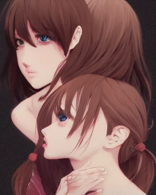 Prompt: portrait of a girl kissing another girl on the neck, anime, trending on Artstation