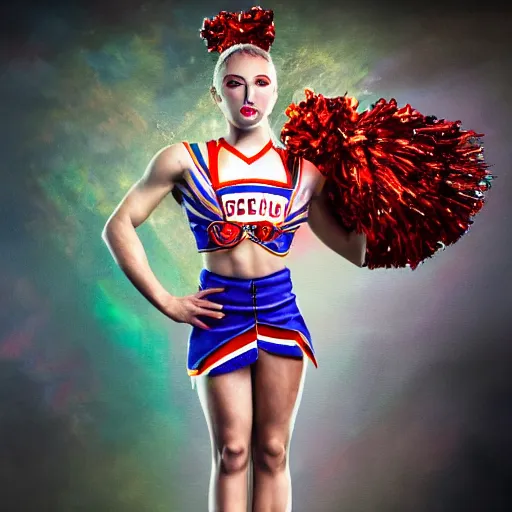 Image similar to full body pose, hyperrealistic mixed media painting of a cheerleader, dim volumetric lighting, 8 k, octane beautifully detailed render, extremely hyper detailed, intricate, epic composition, cinematic lighting, masterpiece, trending on artstation, very very detailed, masterpiece, stunning, hdr, smooth, sharp focus, high resolution, award, winning photo, dslr, 5 0 mm