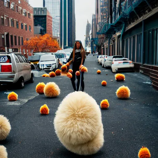 Prompt: an photography of star triek's tribbles take over brooklyn, canon eos c 3 0 0, ƒ 1. 8, 3 5 mm, 8 k, medium - format print