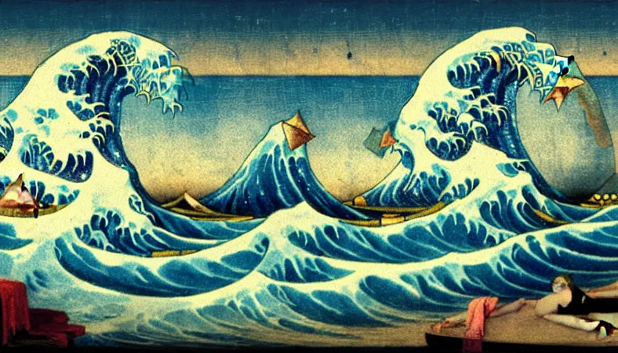 Prompt: A pool inside the giant Palace, mediterranean balustrade and columns, refracted lines and sparkles, thunderstorm, greek pool, beach and Tropical vegetation on the background major arcana sky and occult symbols, waves in the style of the great wave off kanagawa, by paul delaroche, hyperrealistic 4k uhd, award-winning, very detailed paradise