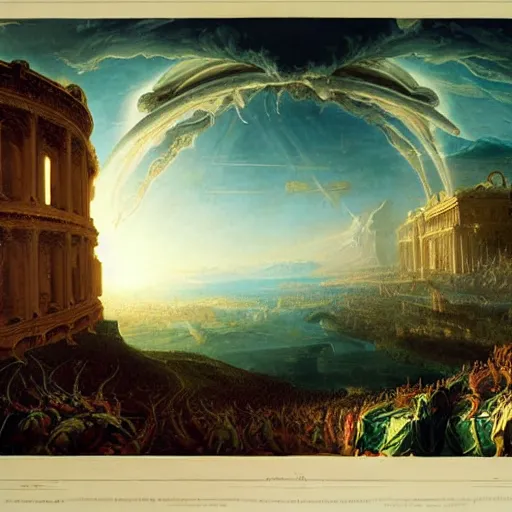 Prompt: alien invasion, epic, magnificent, the last judgement, insanely detailed and intricate, 8 k, fall of the roman empire by thomas cole