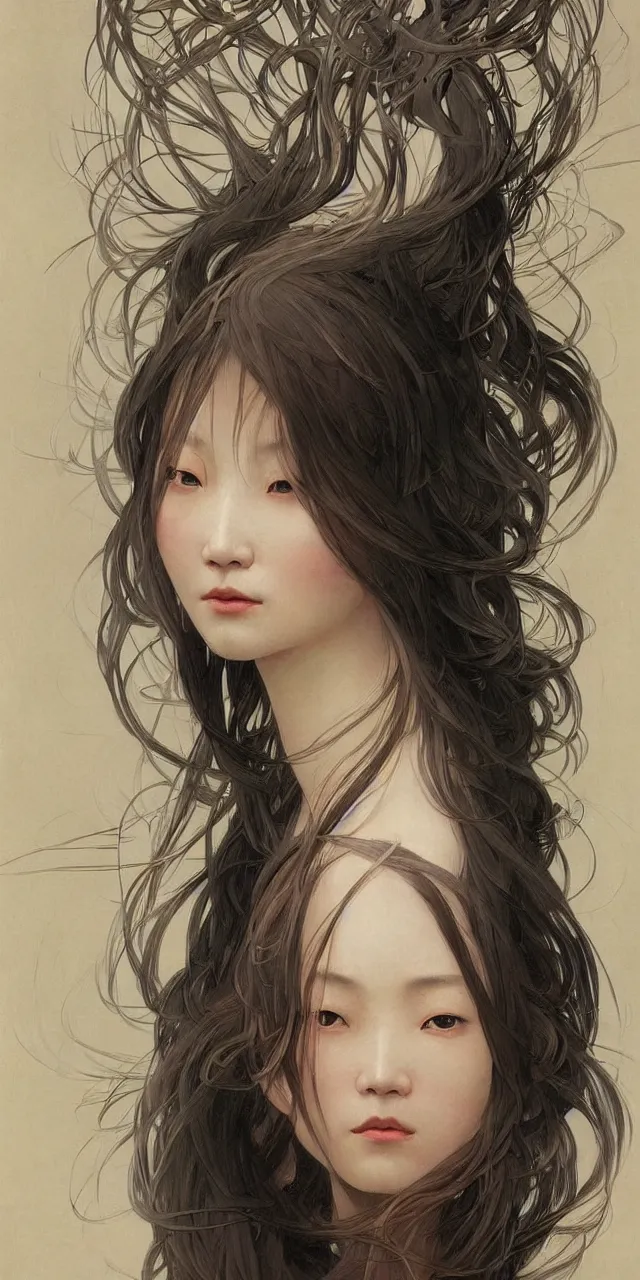 Prompt: A portrait of A Chinese woman with long hair by Ross Tran!!! and alphonse mucha and greg rutkowski! and gustav doré! and Zdzisław Beksiński!,In style of digital art illustration.Symmetry.Highly detailed face.Fantasy,smooth,hyper detailed,sharp focus,Soft light.trending on artstation.