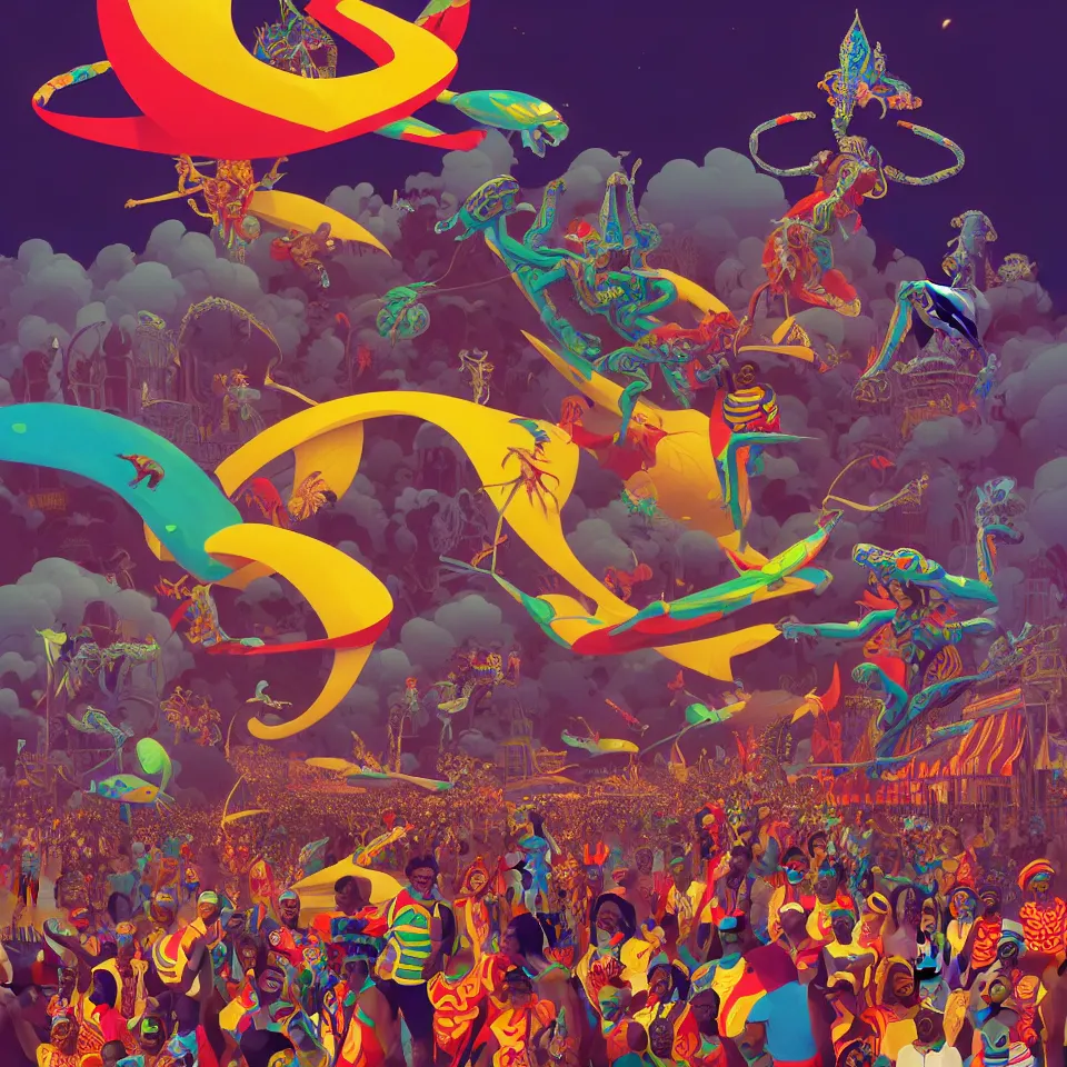 Image similar to trinidad and tobago carnival by paolo eleuteri serpieri and tomer hanuka and chesley bonestell and daniel merriam and tomokazu matsuyama, unreal engine, high resolution render, featured on artstation, octane, 8 k, highly intricate details, vivid colors, vector illustration