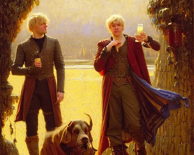 Image similar to arthur pendragon and attractive merlin go to a pub together to have some drinks. highly detailed painting by gaston bussiere, greg rutkowski, j. c. leyendecker 8 k