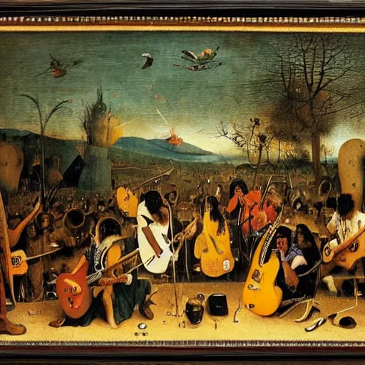 Image similar to jimy hendrix at woodstock by hieronymus bosch