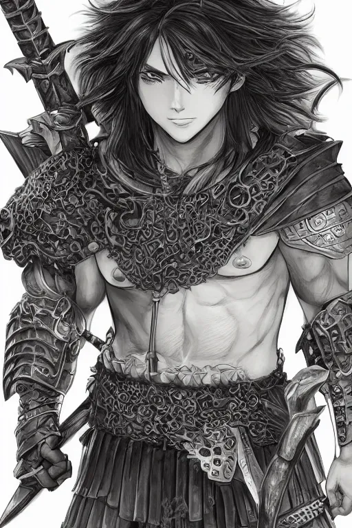 Image similar to A realistic anime portrait of a young handsome male barbarian with long wild hair, intricate fantasy spear, plated armor, D&D, dungeons and dragons, tabletop role playing game, rpg, jrpg, digital painting, by Yoshitaka Amano and Ayami Kojima and Akihiko Yoshida, digtial painting, trending on ArtStation, SFW version