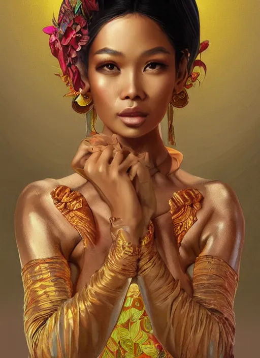 Prompt: portrait of an indonesian supermodels wearing traditional costume, highly detailed, digital painting, artstation, concept art, sharp focus, illustration, art by artgerm and james gurney and alphonse mucha