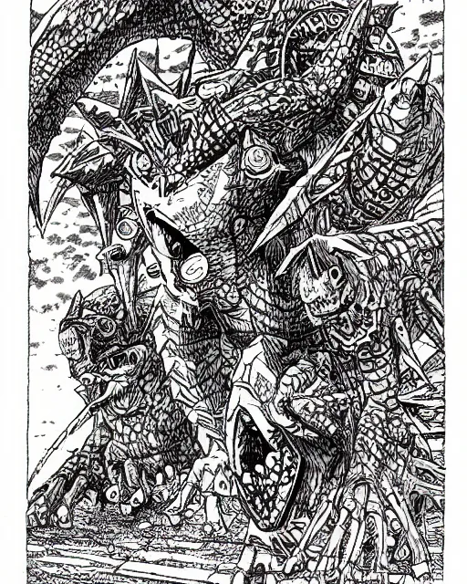 Image similar to agumon the digimon as a d & d monster, pen - and - ink illustration, etching, by russ nicholson, david a trampier, larry elmore, 1 9 8 1, hq scan, intricate details, high contrast