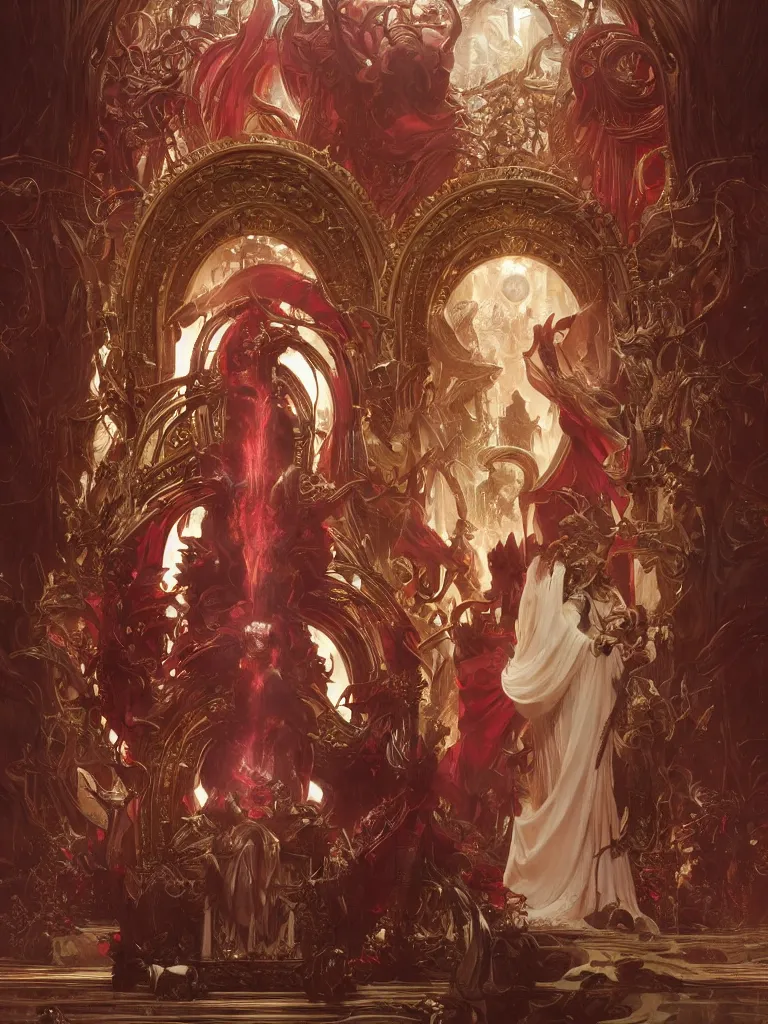 Image similar to a huge ivory throne with illithids kneeling in front of it, red tones, highly coherent, ultra realistic, concept art, eerie, highly detailed, photorealistic, octane render, 8 k, unreal engine. art by artgerm and greg rutkowski and alphonse mucha