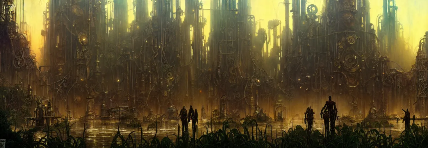 Image similar to steampunk cybercity in a swamp, godrays, cinematic, poster art by james gurney, weta studio, lucasfilm jesper ejsing, mucha, ilya kuvshinov, greg rutkowski frank frazzeta on artstation