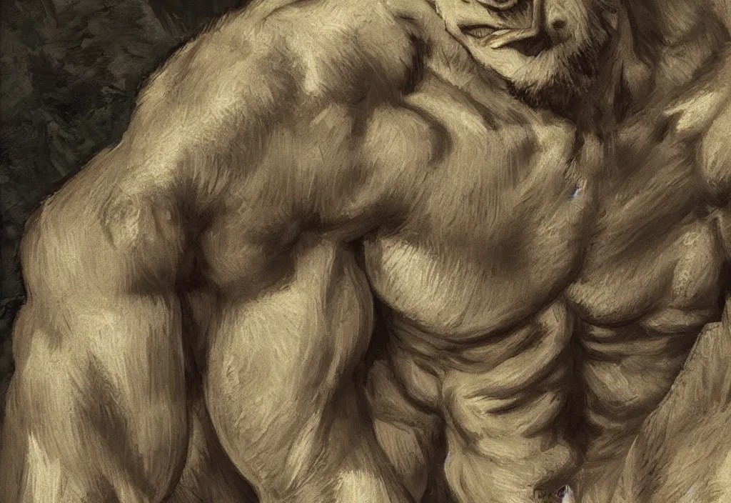 Prompt: Portrait of a rugged werewolf sitting down, male, muscular, detailed face, bare thighs!!!, simple clothing!!!!!, fantasy, medieval, highly detailed, cinematic lighting, digital art painting by van Gogh