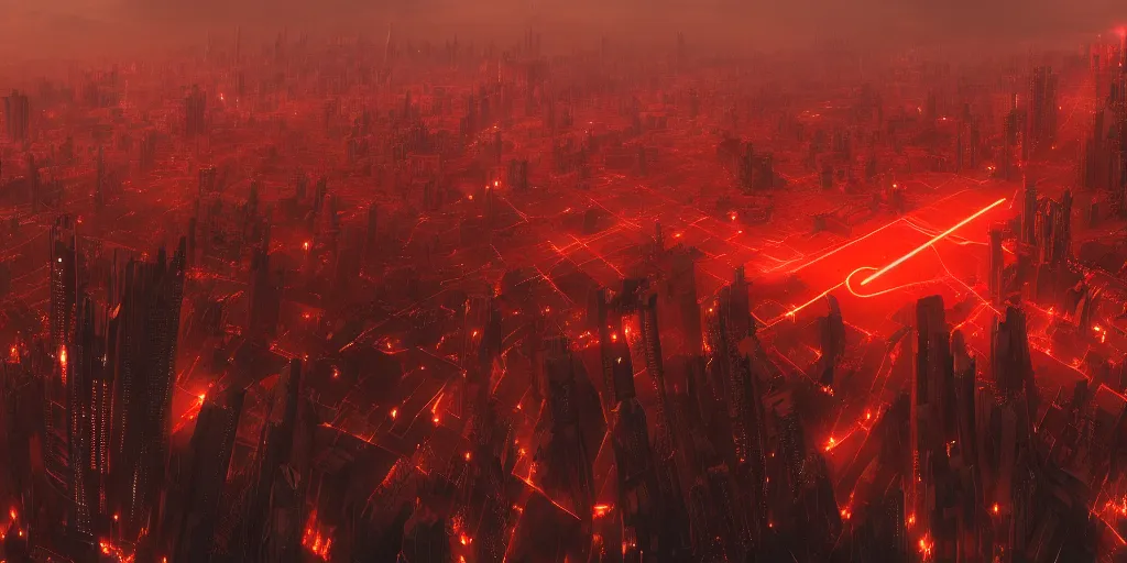 Prompt: aerial view of a dystopian city with an evil looking tall building at the center illuminating a red light from it's windows, matte painting