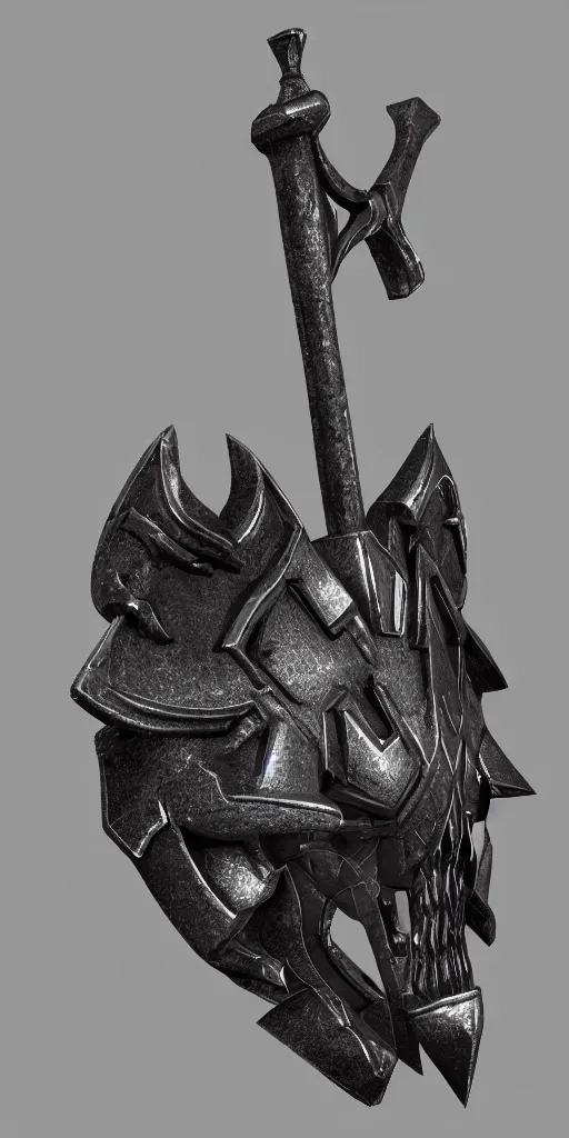 Prompt: a black and silver axe skull crest, ornament, weapon, a 3 d render by dom qwe, trending on polycount, artstation, hard surface modeling, zbrush, symmetry