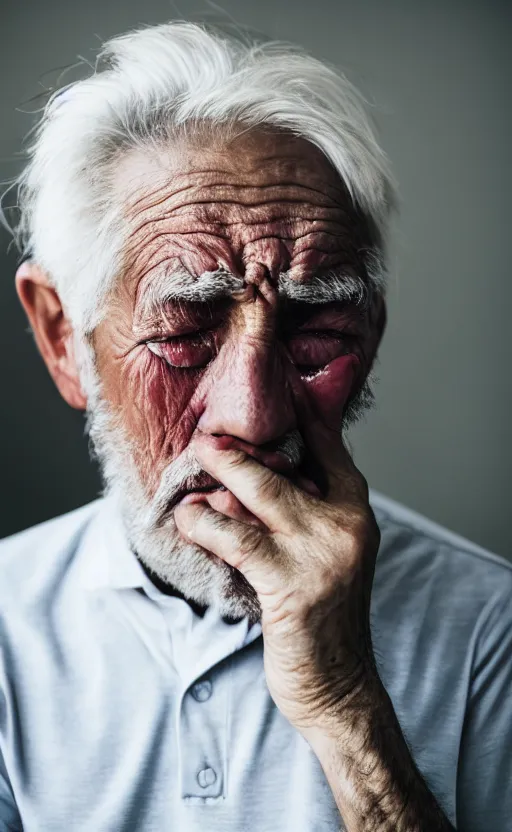 Image similar to photograph of old man crying, tears, white hair
