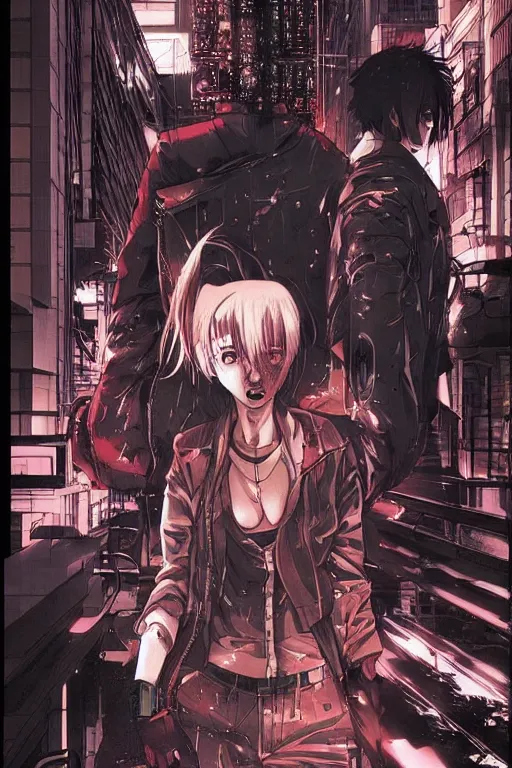 Prompt: professionally drawn 9 0 s seinen cyberpunk horror action manga cover art, full color, magazine cover, drawn by ilya kuvshinov and hiromu arakawa