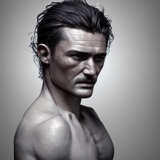 Image similar to hyperrealistic orlando bloom crazy out of his mind, stunning 3 d render inspired by istvan sandorfi & xiang duan, perfect symmetry, dim volumetric cinematic lighting, 8 k octane comprehensive render, extremely mega hyper - detailed and lifelike attributes & atmosphere, intricate, realistic flesh texture, masterpiece, artstation, stunning,