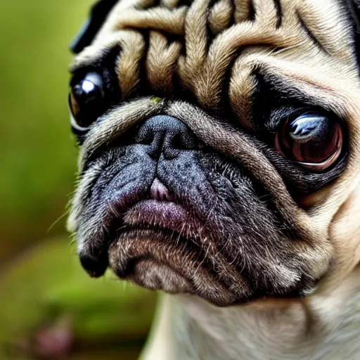 Image similar to closeup of a pug with moss growing out of its face folds, macro photography, overgrown pug, high resolution photo, trending on artstation