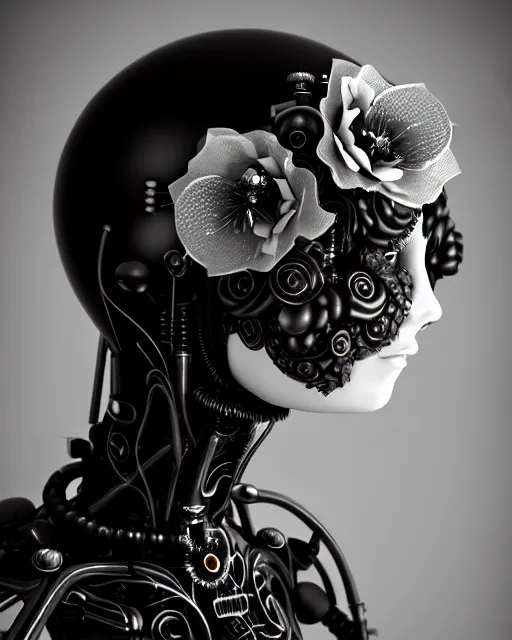 Image similar to black and white dreamy foggy poetic smoky profile face portrait, one silver steampunk realistic eye biomechanical beautiful angelic young female cyclope - cyborg - robot bust, body ribs meshes,, volumetric light, hibiscus flowers, by cecile beaton, rim light, big gothic fashion pearl embroidered collar, 8 k