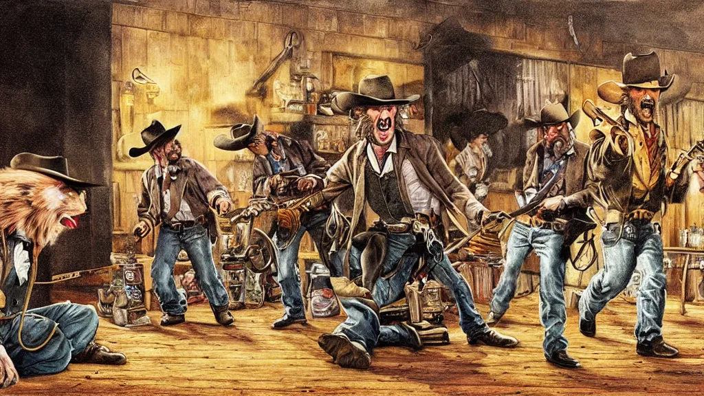 Image similar to photorealistic full - color storybook illustration of : during a hoedown at a saloon in the old west, an angry anthropomorphic raccoon dressed as a cowboy is having a duel with “ daniel day - lewis ” and they are holding revolvers. frightened “ nancy reagan ” is watching them. color professional hyper - realistic drawing.