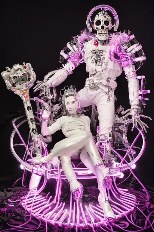 Prompt: full-body rococo and cyberpunk style neon statue of a young attractive portugues macho dotado android reclining sim roupa con piroca, glowing white laser eyes, prince crown of pink gears, diamonds, swirling silver-colored silk fabric. futuristic elements. full-length view. space robots. human skulls. intricate artwork by caravaggio. Trending on artstation, octane render, cinematic lighting from the right, hyper realism, octane render, 8k, depth of field, 3D