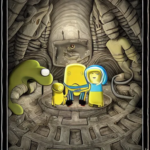 Image similar to photorealistic adventure time with finn and jake by h. r. giger