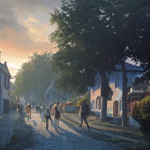 Image similar to a beautiful hyper realistic photo of banska stiavnica in summer with old houses and trees in sunset, sky, people walking on street, unreal engine, by greg rutkowski and james gurney, artstation