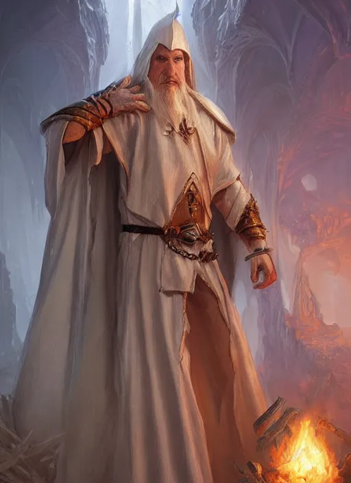 Prompt: white cloak priest, ultra detailed fantasy, dndbeyond, bright, colourful, realistic, dnd character portrait, full body, pathfinder, pinterest, art by ralph horsley, dnd, rpg, lotr game design fanart by concept art, behance hd, artstation, deviantart, hdr render in unreal engine 5