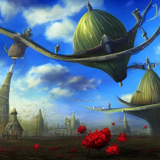 Image similar to flying tulip steam fortress, fantasy art, sky in the background, detailed, behrens style