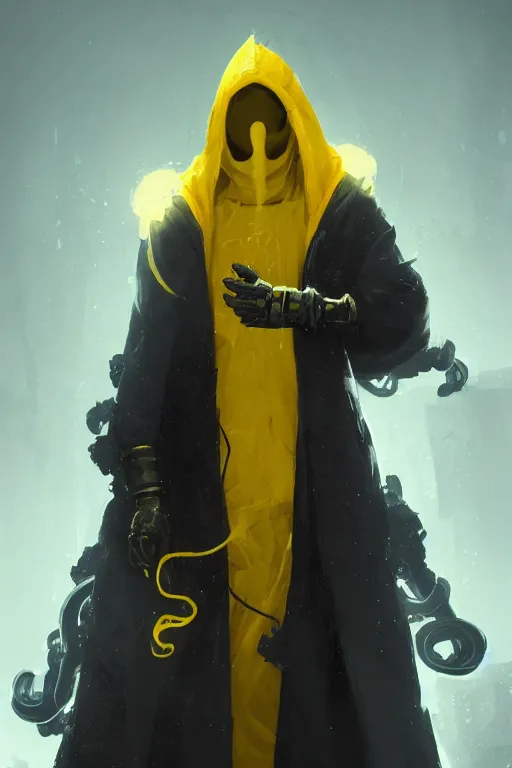 Image similar to A full body portrait of a mysterious character with no face with a very long yellow hooded cloak with tentacles coming out the bottom art by Maciej Kuciara and Jason Chan, trending on artstation, Ultra detailed, hyper realistic 4k
