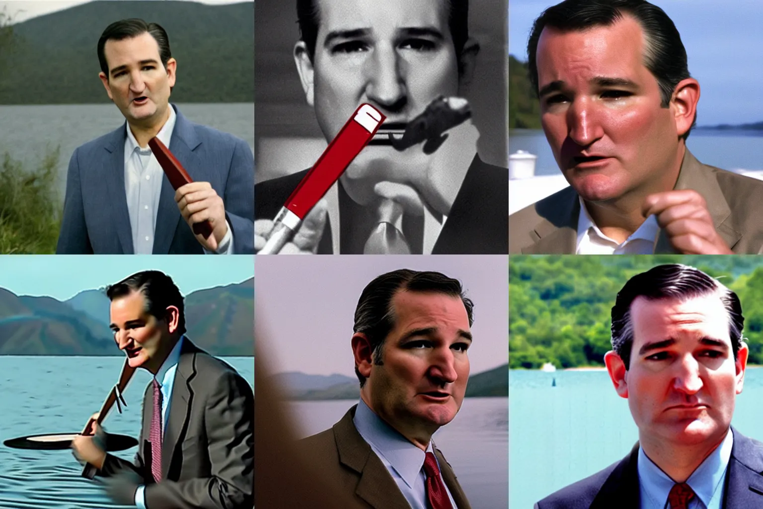 Prompt: Film still depicting Ted Cruz as the Zodiac Killer by a lake, holding a knife