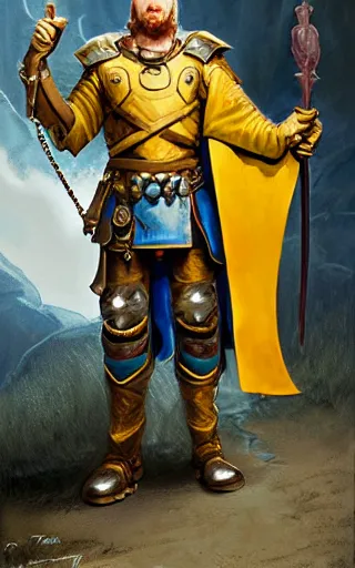 Image similar to a rugged young knight with blonde hair and blue eyes and a short beard wearing a blue shirt over chain mail and steel pauldrons and a yellow cape and leather boots concept art by Tony Sart and Greg Rutkowski, realistic, highly detailed, masterpiece, ArtStation