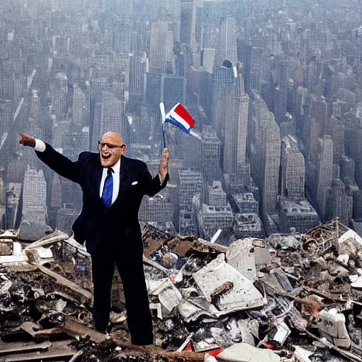 Image similar to a closeup of Rudy Giuliani waving an Israeli flag while laughing hysterically on top of the world trade center rubble pile in new york