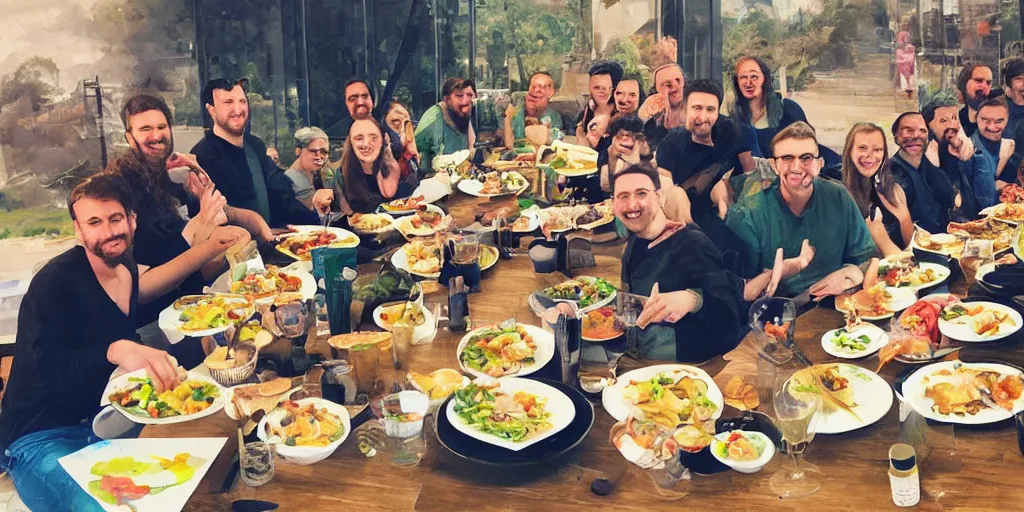 Image similar to painting of work colleagues of a design studio get together to feast on a big table with lots of food