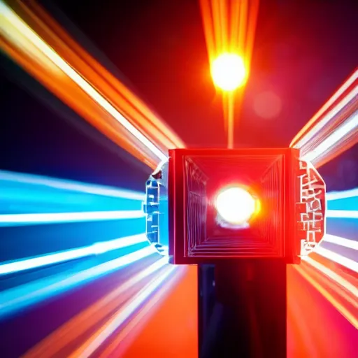 Image similar to a close up of a machine with a red light, a microscopic photo by niels lergaard, shutterstock contest winner, holography, quantum wavetracing, anamorphic lens flare, ray tracing