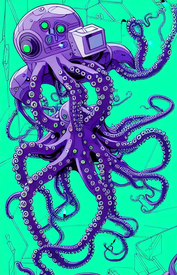 Image similar to robotic cyberpunk octopus by miyazaki, blue green purple color palette, illustration, kenneth blom, mental alchemy, james jean, pablo amaringo, naudline pierre, contemporary art, hyper detailed