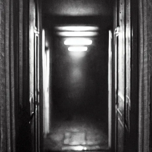 Image similar to Ted Cruz with a wide grin peaking through a door in the distance at the end of a narrow corridor, black and white, creepy lighting, scary, horror, ornate, eerie, fear, oil painting