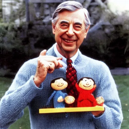 Image similar to mr. rogers proudly displaying a smaller mr. rogers made of octopus, color 1 9 7 0 s photo