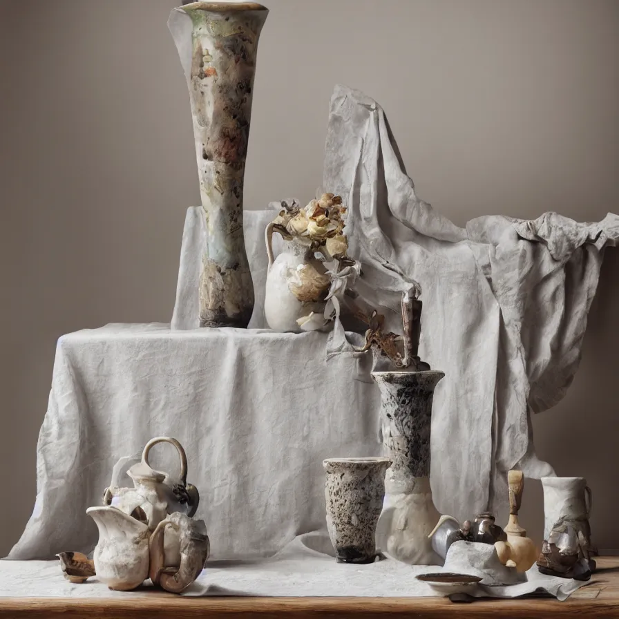 Image similar to beautiful studio photograph of a ceramics display with hans holbein portrait painted onto a tall angular stoneware vase with handles placed on a tablecloth on a wooden table, hyperrealism 8 k trending on artstation