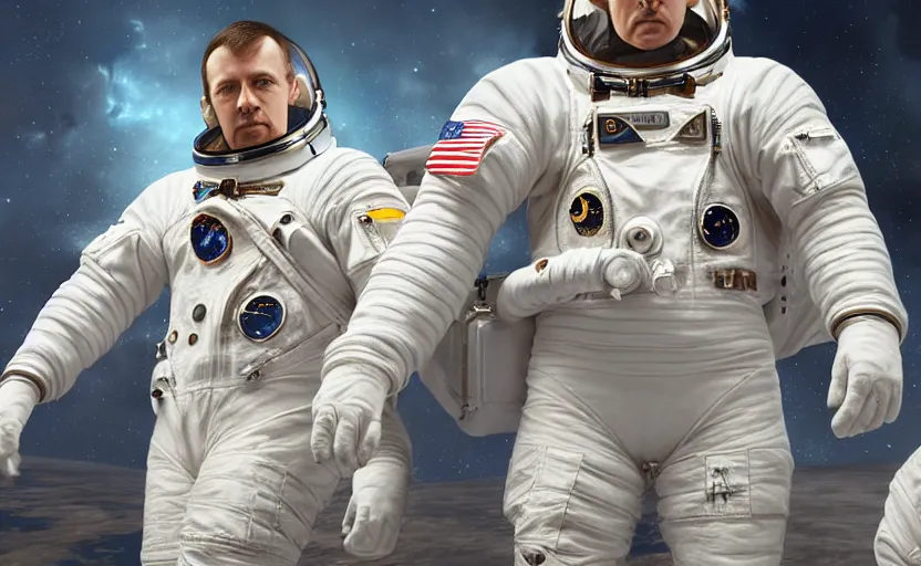 Image similar to astronauts designed by alexander mcqueen, catwalk, soft ambient lighting, photorealism, unreal engine, art by michael whelan and chris moore and howard david johnson and tim white and dan giancola