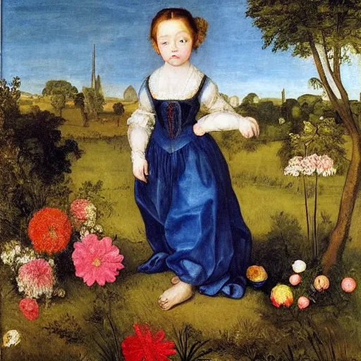 Image similar to by eugene delacroix, by lucas cranach the elder graceful. a conceptual art of a young girl with blonde hair, blue eyes, & a pink dress. she is standing in a meadow with flowers & trees.