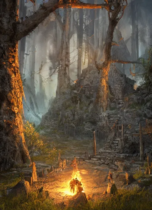 Image similar to bandit camp, ultra detailed fantasy, elden ring, realistic, dnd, rpg, lotr game design fanart by concept art, behance hd, artstation, deviantart, global illumination radiating a glowing aura global illumination ray tracing hdr render in unreal engine 5