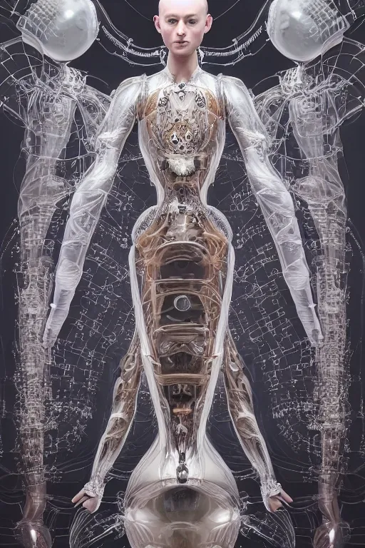 Image similar to background space station, baroque inflateble dress iris van herpen positing on floor, helmet instead of a head, perfect symmetrical, full body shot, inflateble shapes, wires, tubes, veins, jellyfish, white biomechanical details, wearing epic bionic implants, masterpiece, intricate, biopunk, vogue, highly detailed, artstation, concept art