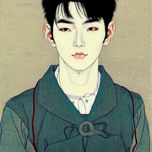 Image similar to painting of grumpy handsome beautiful man in his 2 0 s named min - jun in a french maid outfit, modern clothing, elegant, clear, painting, stylized, delicate facial features, soft, art, art by takato yamamoto and egon schiele combined