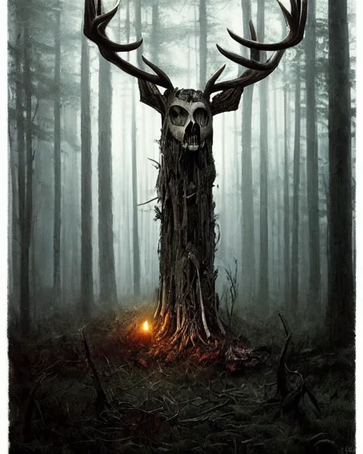 Image similar to oil painting of forest spirit made out of wooden sticks with a deer skull for a face, dark forest, fog, dark fantasy, gloomy, pale colors, by greg rutkowski