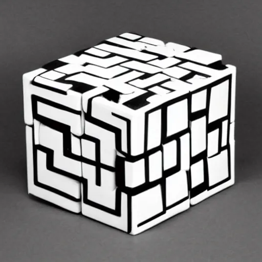 Prompt: rubricks cube, art by mc escher, black and white