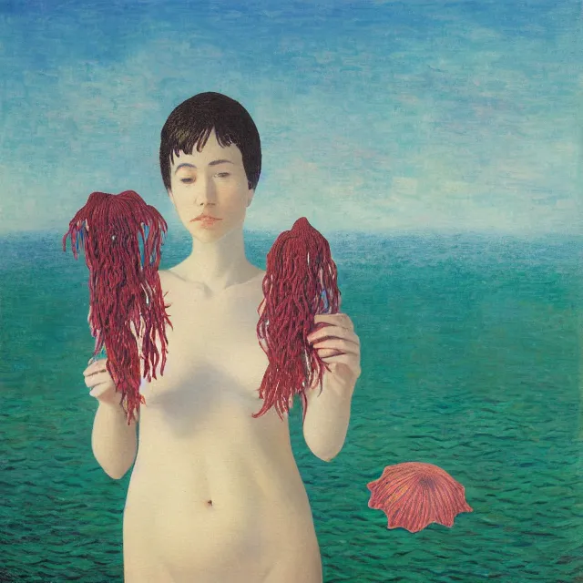 Prompt: tall emo female artist holding seaweed and a starfish in okinawa, coral reef, summer, cocktails scuba, pigs, octopus, acrylic on canvas, surrealist, by magritte and monet