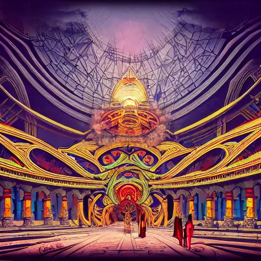 Prompt: an AI temple of Spring, style blend of Burning Man, Neo-Andean architecture, cyberpunk, and The Vatican, depicted in a mixed style of Æon Flux, Möbius, neoclassical paintings, and Shepard Fairey, Extremely fine ink lineart