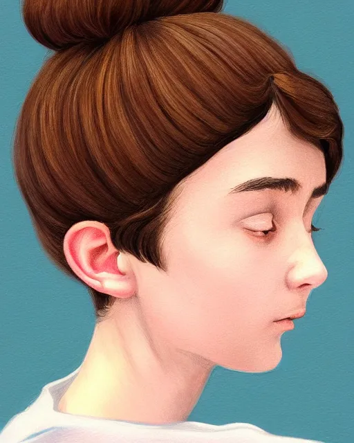 Image similar to !dream portrait of a welsh teenage girl with brown hair, glowing skin, delicate features, quiet beauty, amelie poulain, cute ears, teenage audrey tautou, fantasy, intricate, elegant, dress shirt, highly detailed, digital painting, artstation, concept art, smooth, sharp focus, illustration, art by Krenz Cushart and Artem Demura and alphonse mucha, floral background