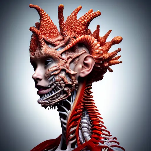 Image similar to high quality photo of a young beautiful female queen-coral-dragon-cyborg bust with a very long neck and Mandelbrot fractal face, Mandelbrot fractal skin, flesh, anatomical, facial muscles, veins, arteries, elegant, highly detailed, flesh highly baroque ornate, hair are wired cables, elegant, high fashion, rim light, octane render, in the style of Lindsay Adler, Realistic, Refined, Digital Art, Highly Detailed, Cinematic Lighting, rim light, black and white, photo-realistic, 8K